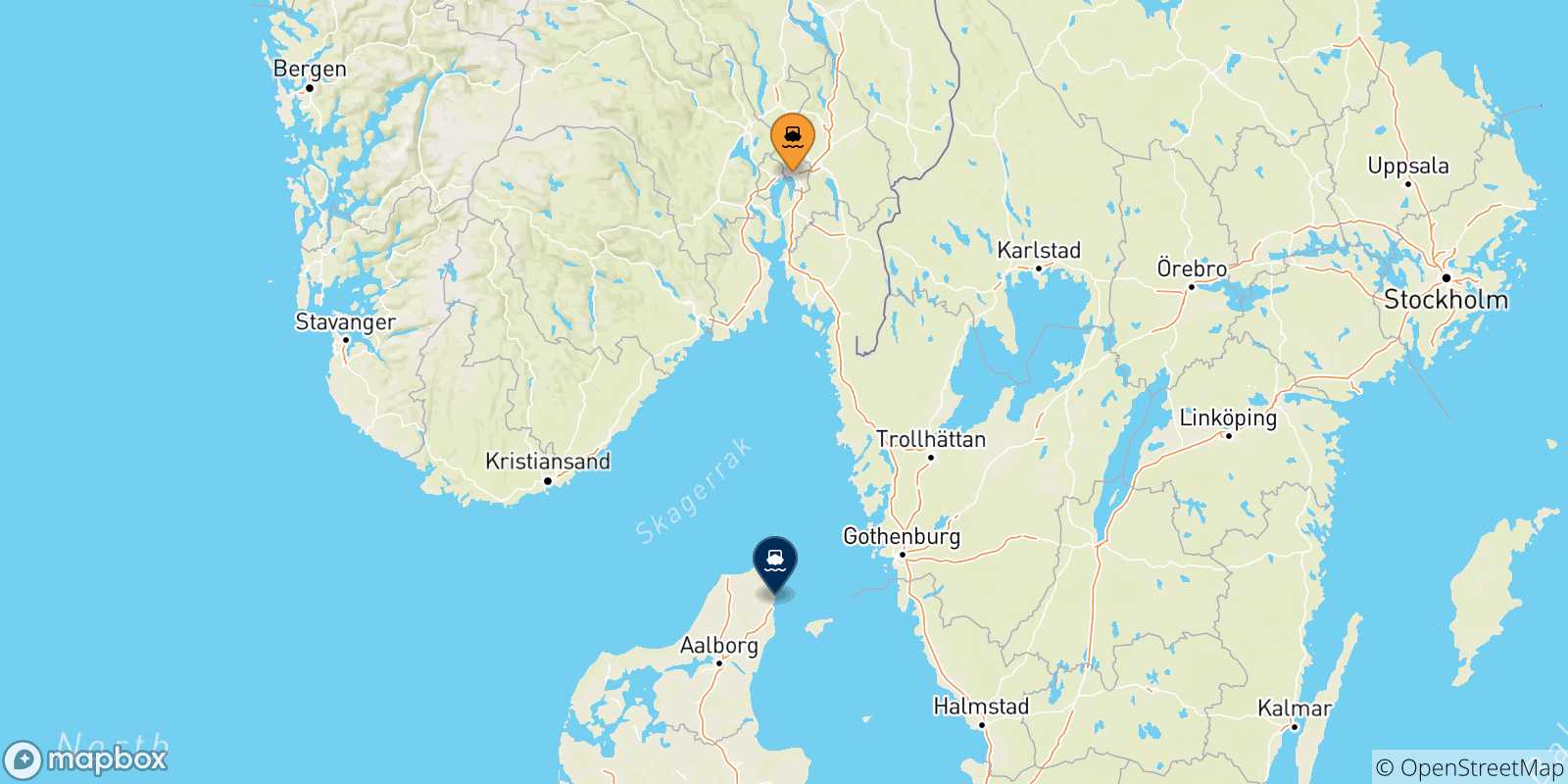 Carte des traversées possibles entre la Norvège et Frederikshavn