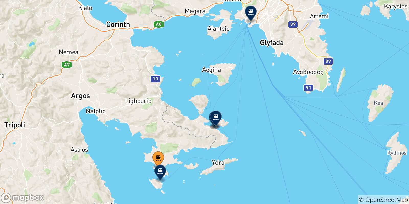 Carte des traversées possibles entre Pórto Chéli et la Grèce