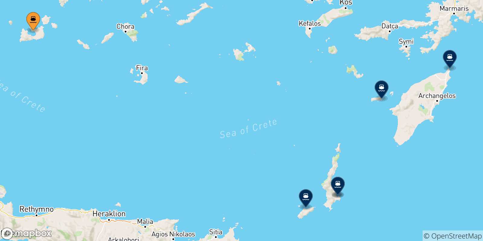Carte des traversées possibles entre Milos et Îles Du Dodécanèse