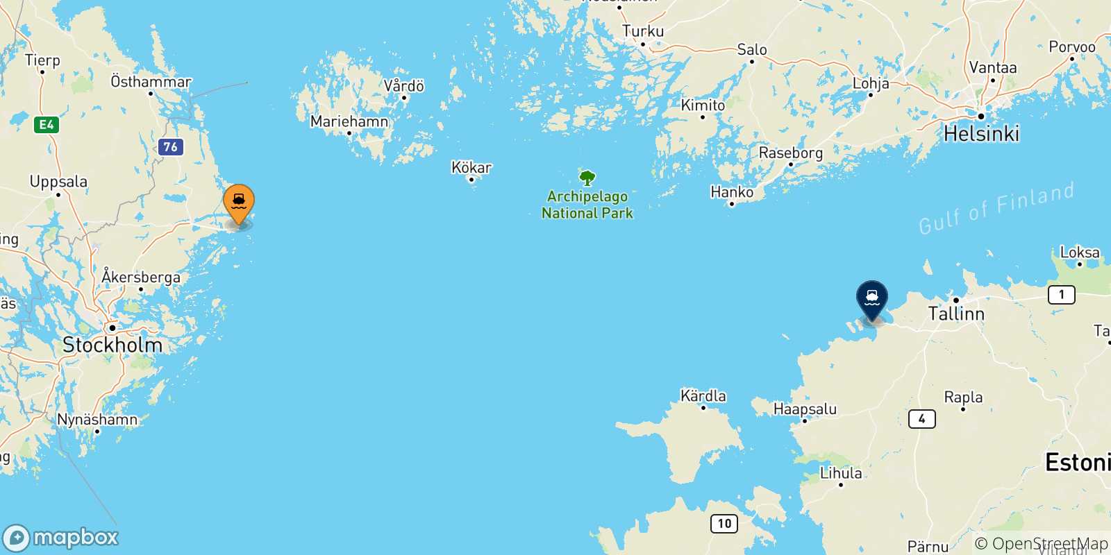 Carte des traversées possibles entre la Suède et Paldiski