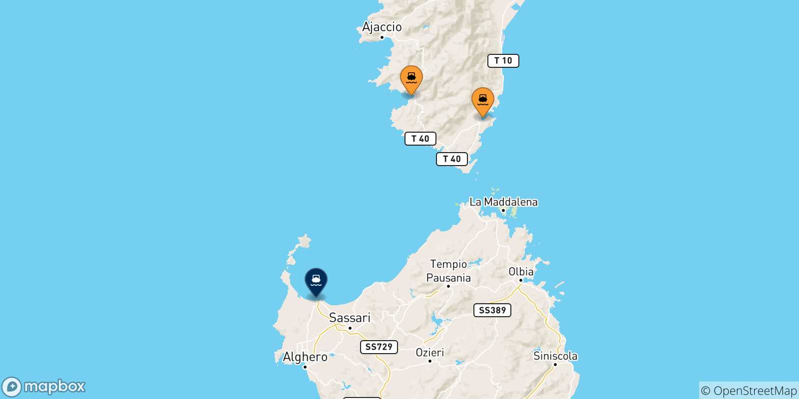 Carte des traversées possibles entre la Corse et Porto Torres