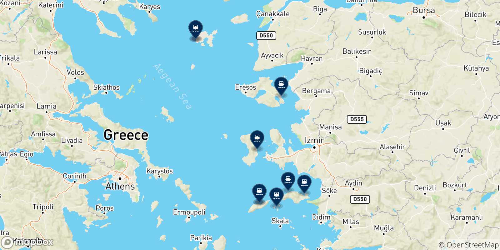 Carte des traversées possibles entre Myrina (Limnos) et les Îles Égéennes