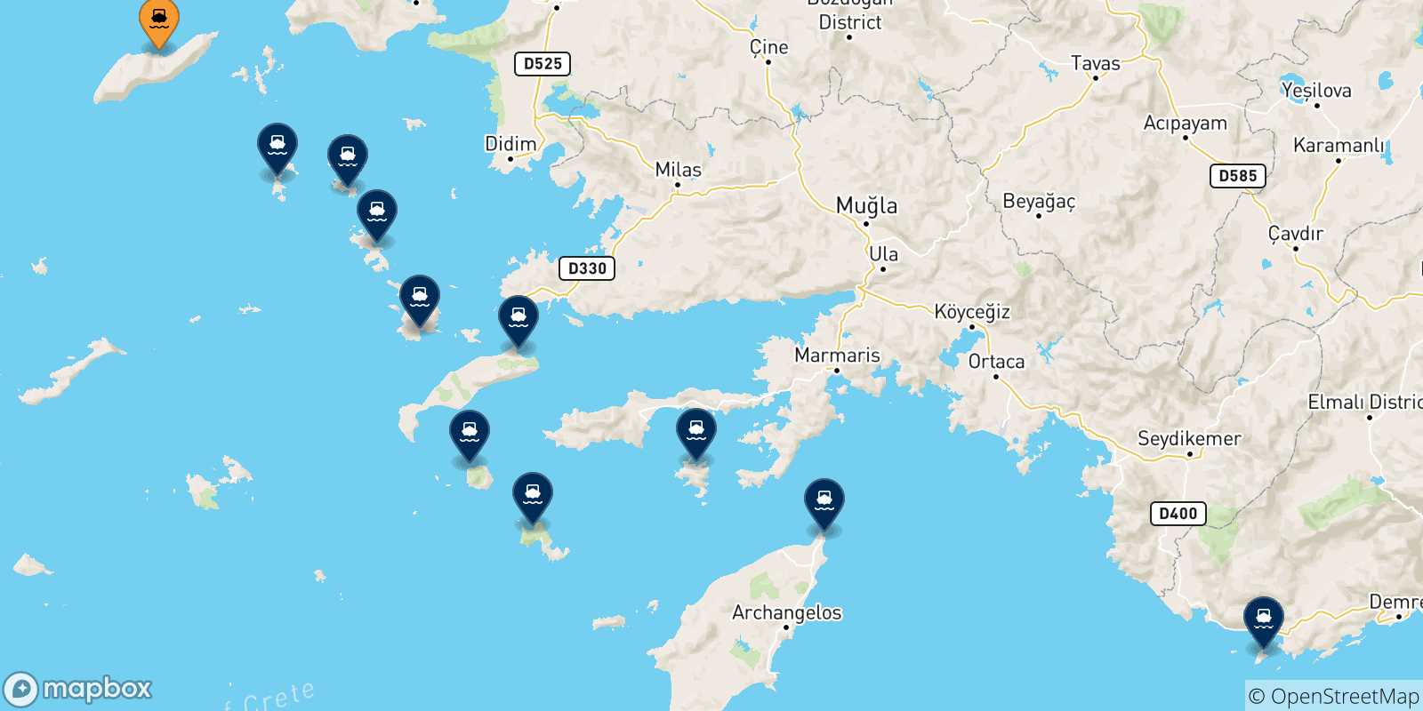 Carte des traversées possibles entre Agios Kirikos (Ikaria) et Îles Du Dodécanèse