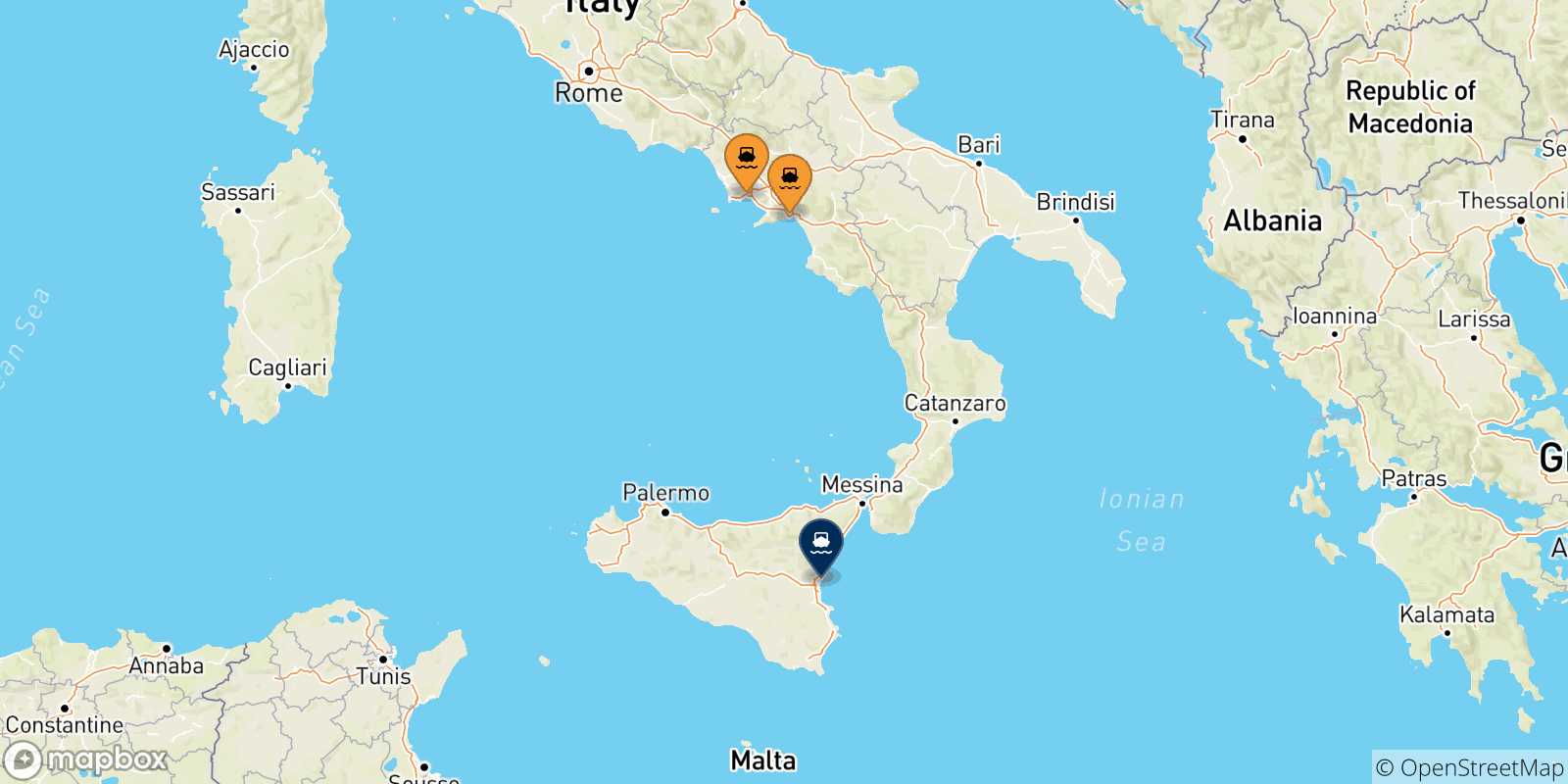 Carte des traversées possibles entre l'Italie et Catane