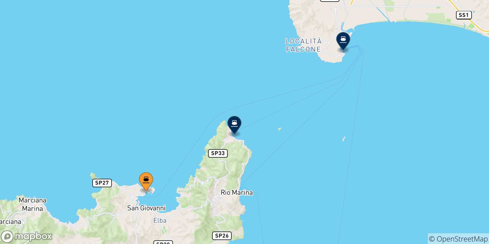 Carte des traversées possibles entre Portoferraio et l'Italie