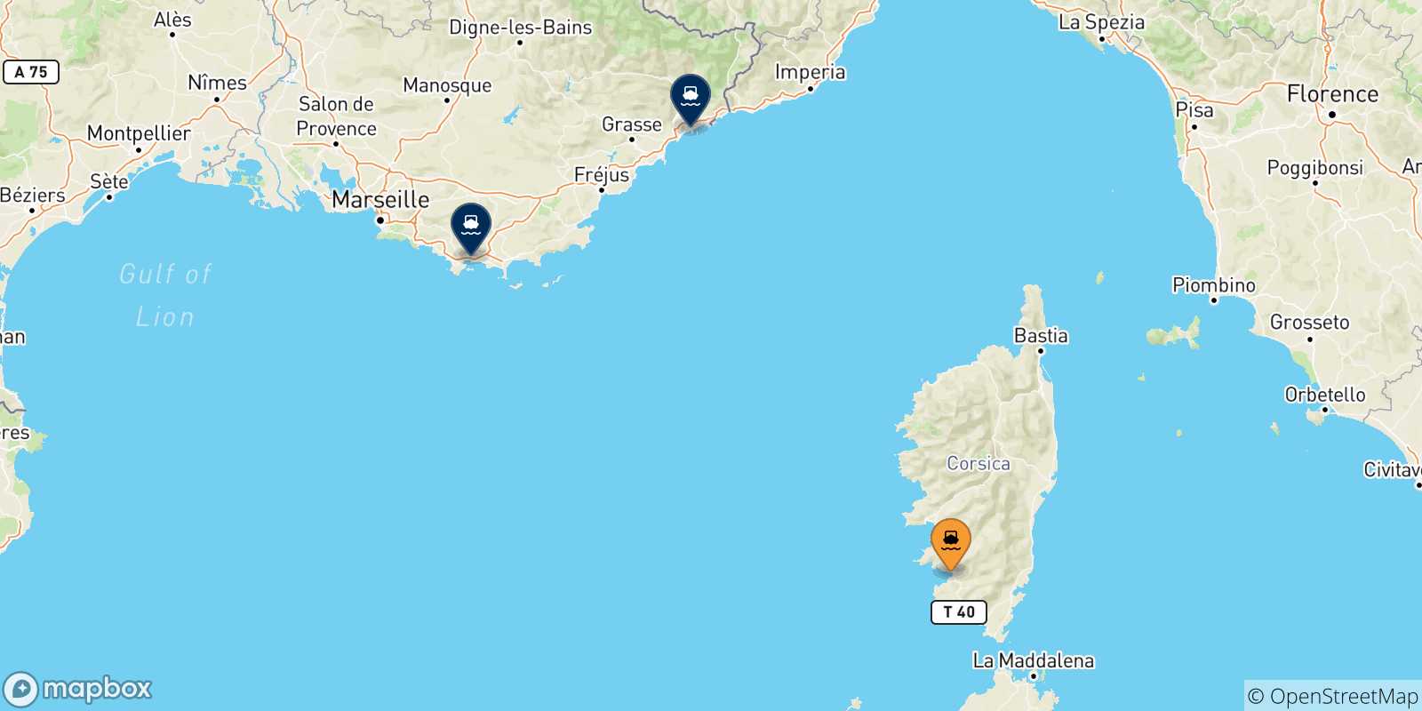 Carte des traversées possibles entre Ajaccio et la France