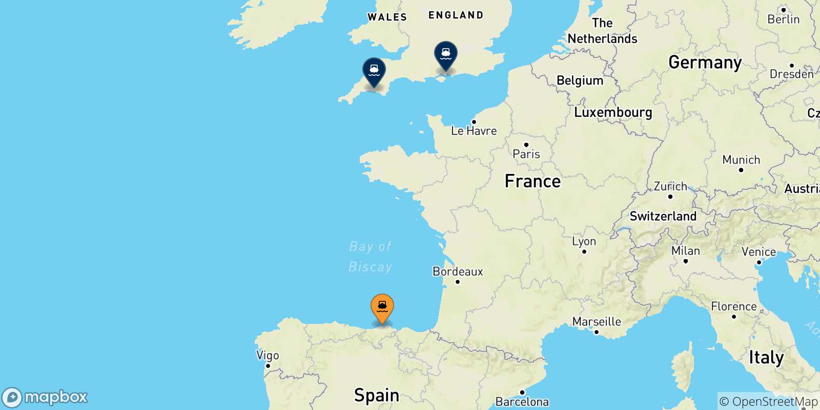 Carte des traversées possibles entre Santander et l'Angleterre