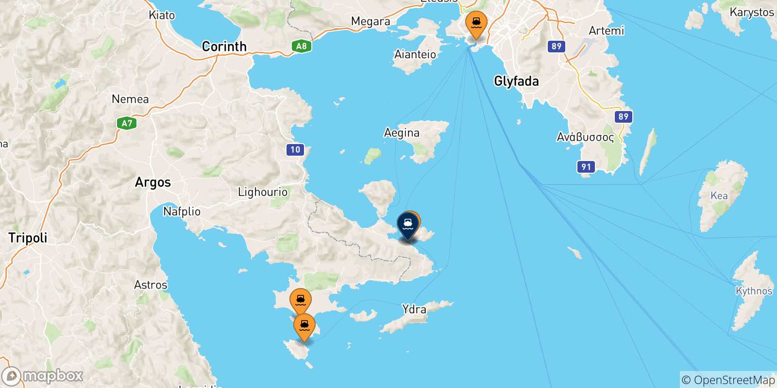 Carte des traversées possibles entre la Grèce et Hydra
