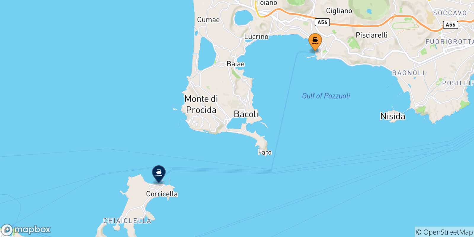 Carte des traversées possibles entre Casamicciola (Ischia) et le Golf De Naples