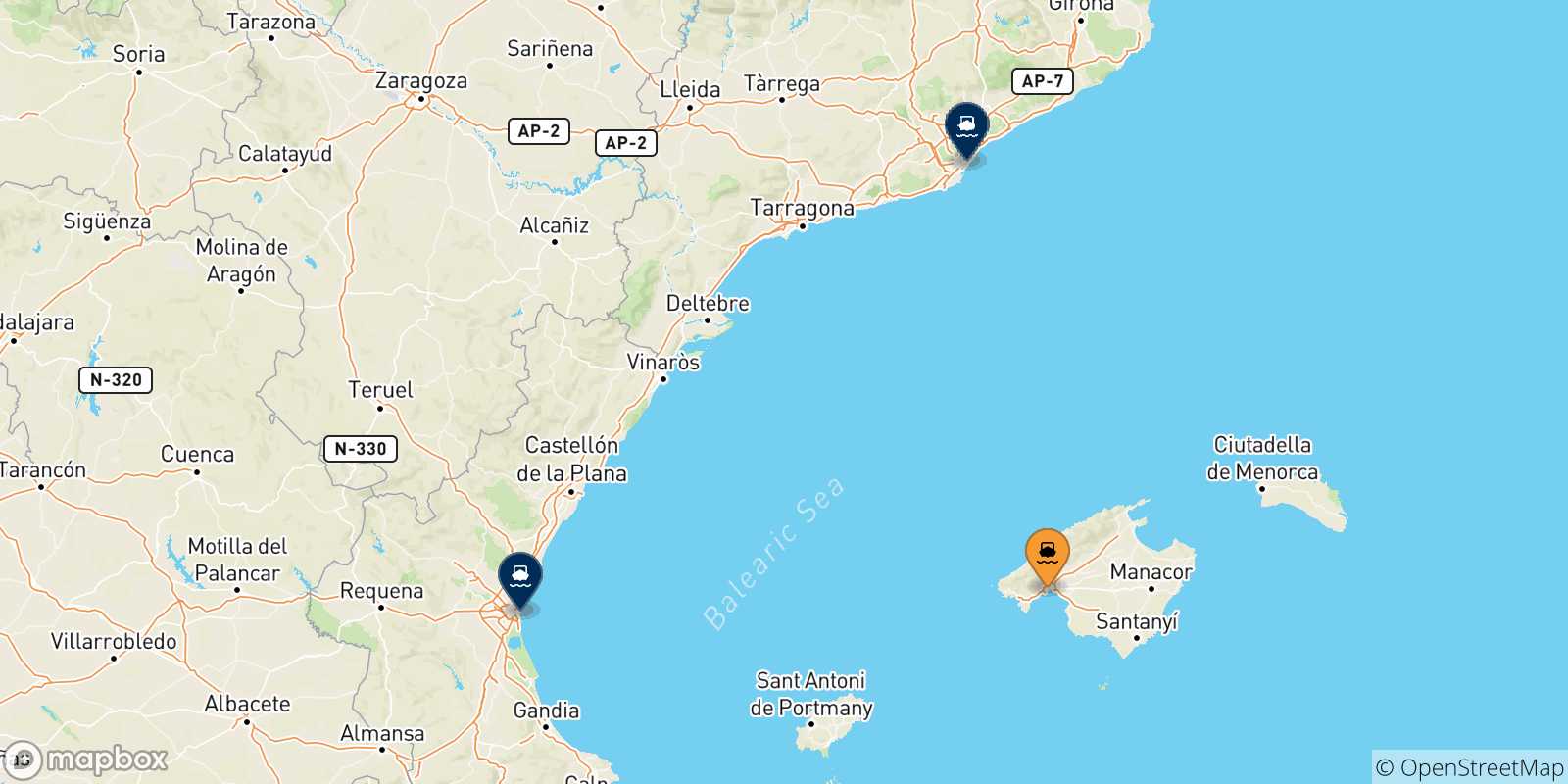 Carte des traversées possibles entre Palma Di Majorque et l'Espagne