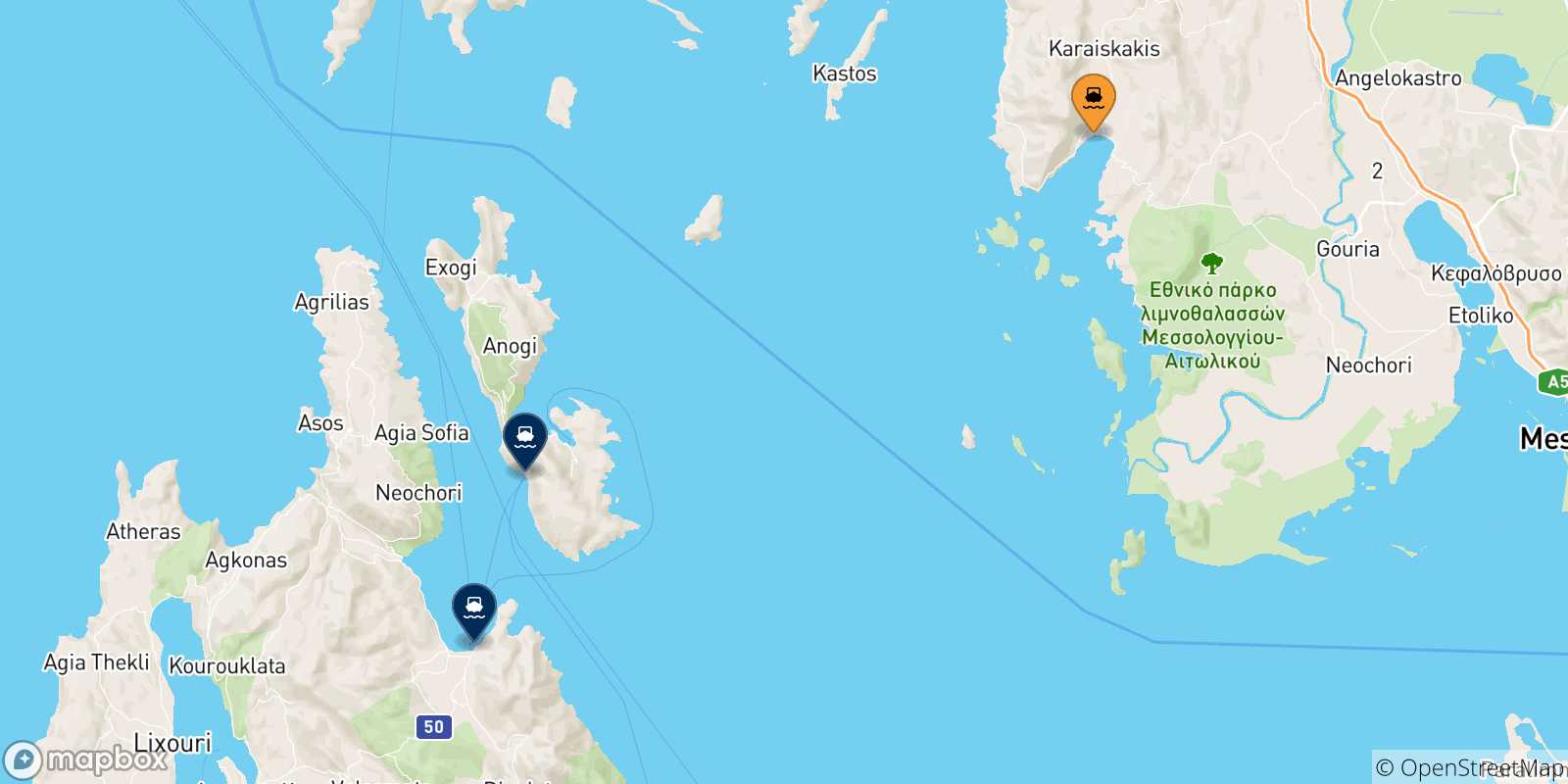 Carte des traversées possibles entre Astakos et Îles Ioniennes