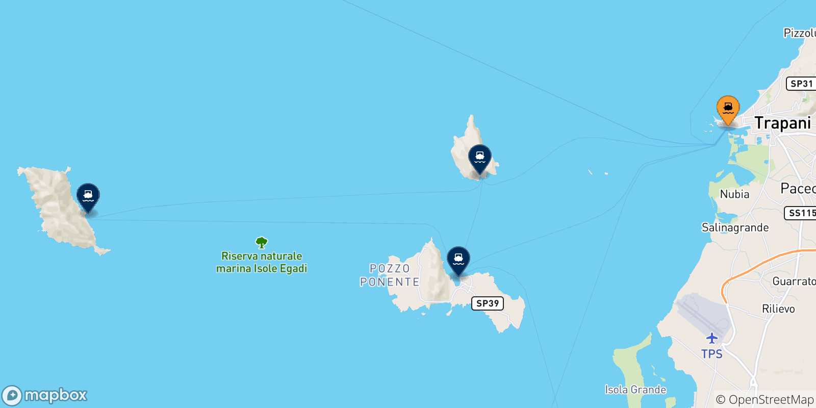 Carte des traversées possibles entre la Sicile et les Îles Égades