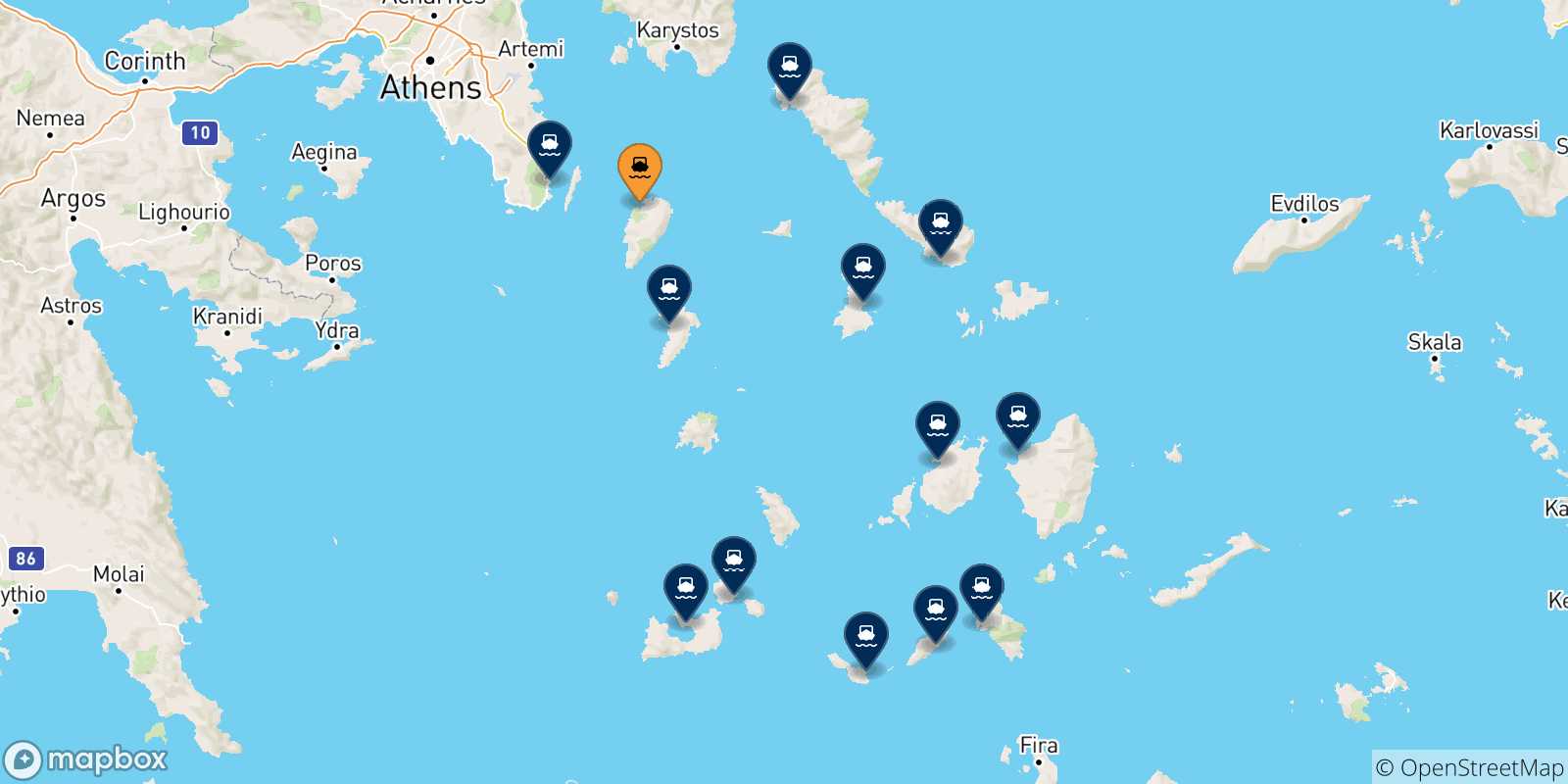 Carte des traversées possibles entre Kea et la Grèce