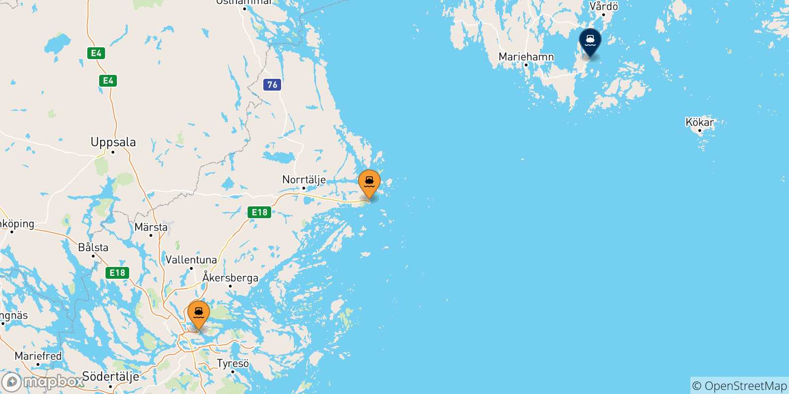 Carte des traversées possibles entre la Suède et Langnas