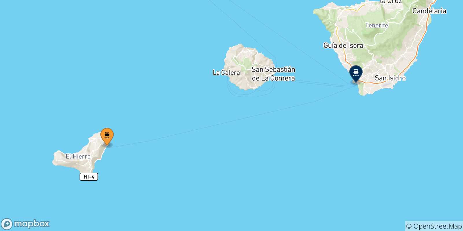 Carte des traversées possibles entre l'Espagne et Los Cristianos (Tenerife)