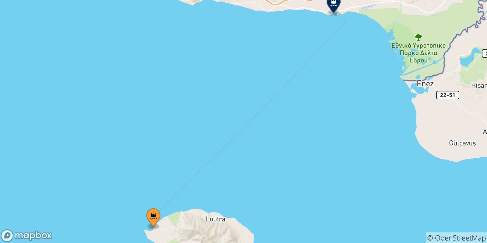 Carte des traversées possibles entre les Îles Égéennes et Alexandroupoli