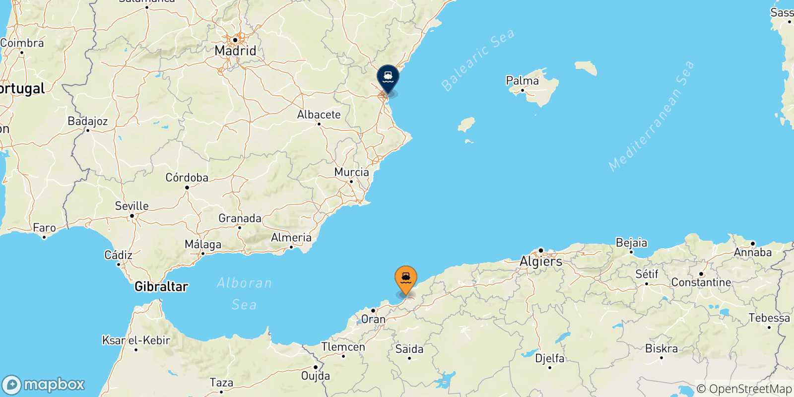 Carte des traversées possibles entre Algérie et l'Espagne