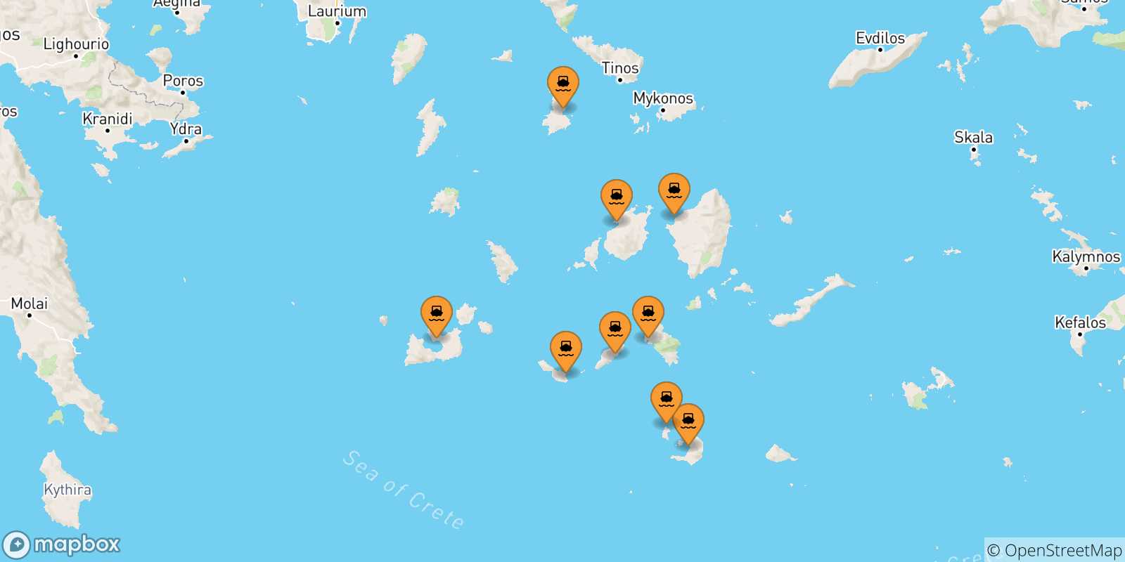Carte des traversées possibles entre Îles Des Cyclades et Anafi