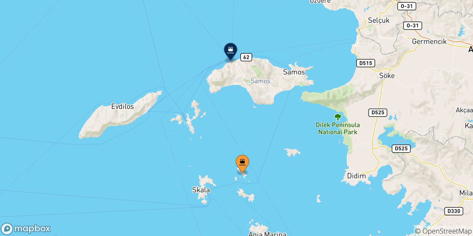 Carte des traversées possibles entre Arkyi et les Îles Égéennes