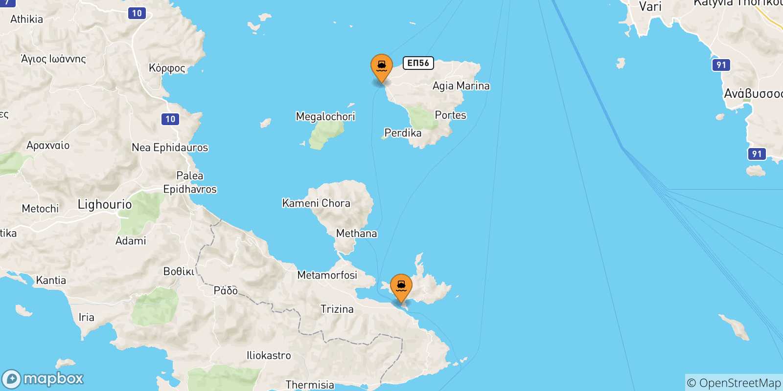Carte des traversées possibles entre les Îles Saroniques et Methana