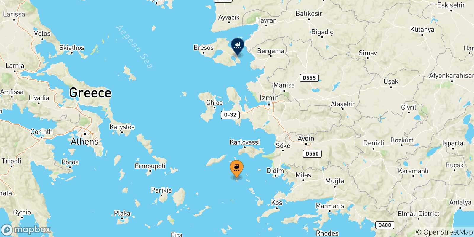 Carte des traversées possibles entre Îles Du Dodécanèse et Mytilene (Lesvos)