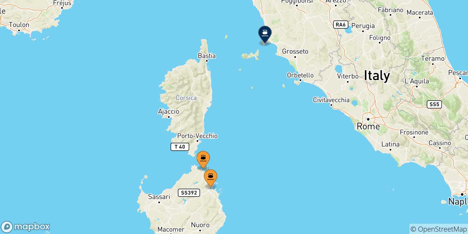Carte des traversées possibles entre la Sardaigne et Piombino