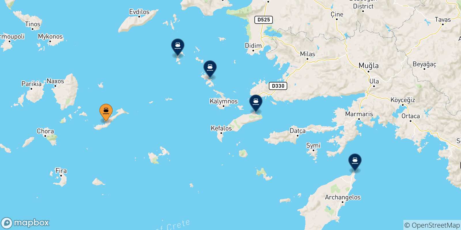 Carte des traversées possibles entre Katapola (Amorgos) et Îles Du Dodécanèse