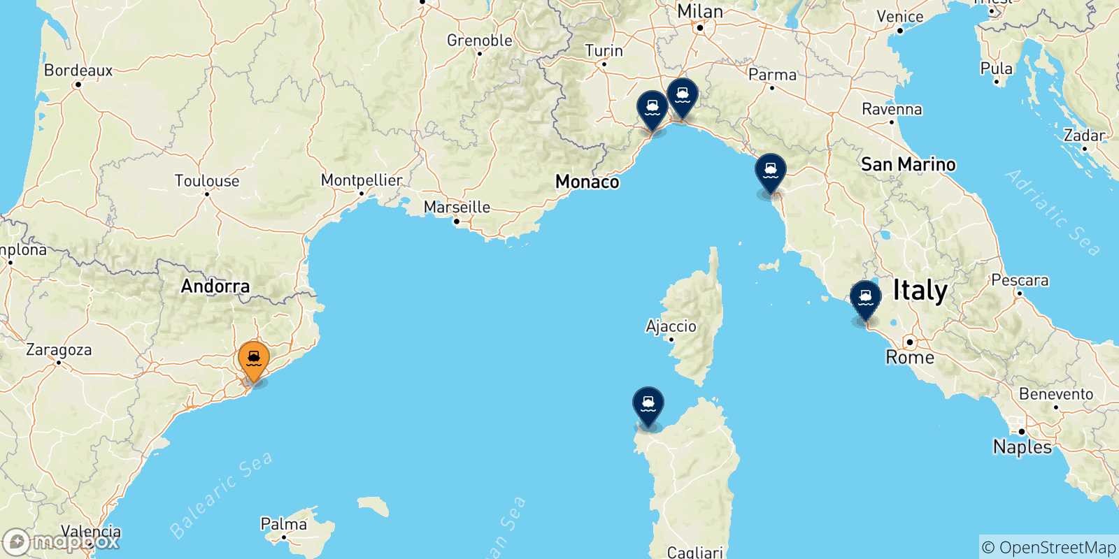 Carte des traversées possibles entre Barcelone et l'Italie