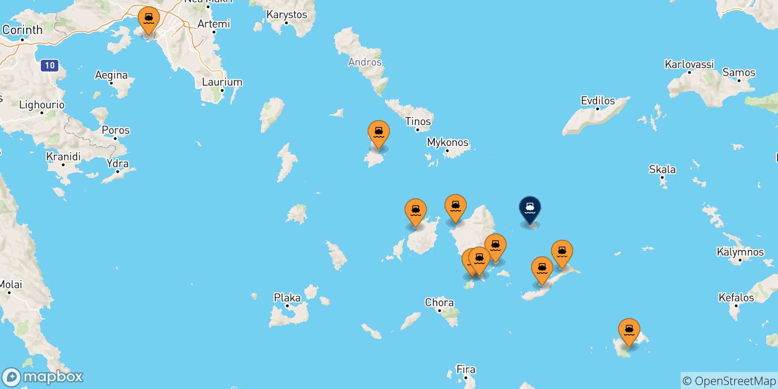 Carte des traversées possibles entre la Grèce et Donoussa