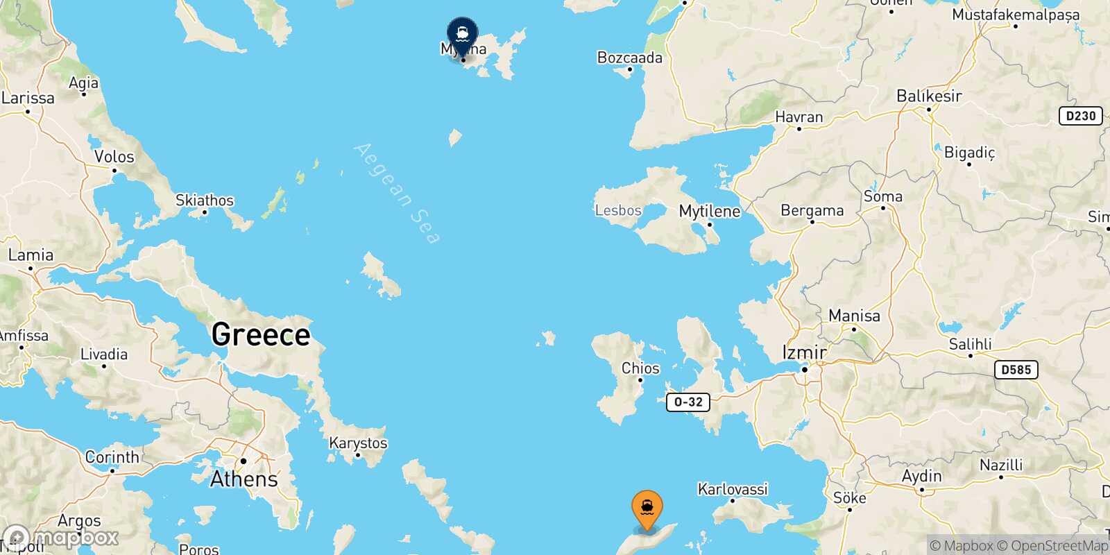 Carte des traverséesEvdilos (Ikaria) Myrina (Limnos)