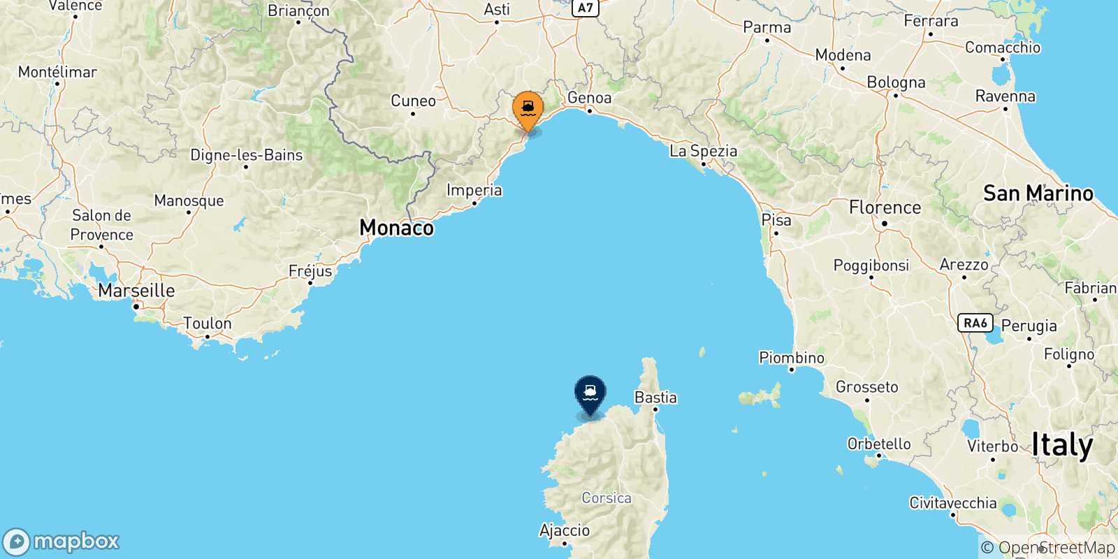 Carte des traversées possibles entre l'Italie et Calvi