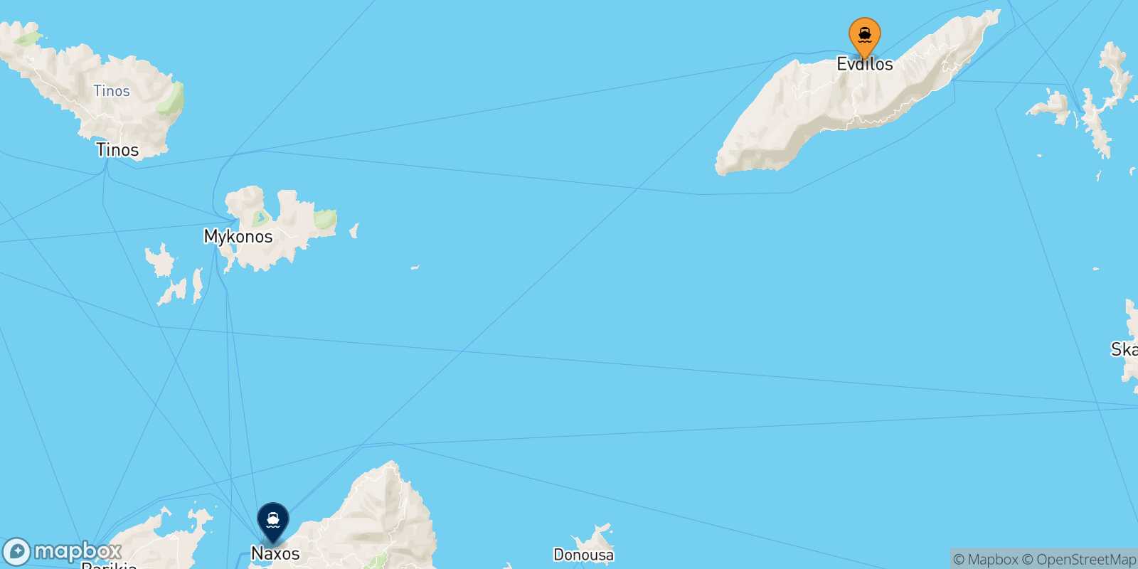 Carte des traverséesEvdilos (Ikaria) Naxos