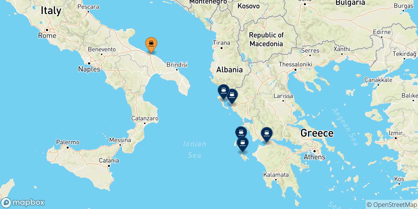 Carte des traversées possibles entre Bari et la Grèce