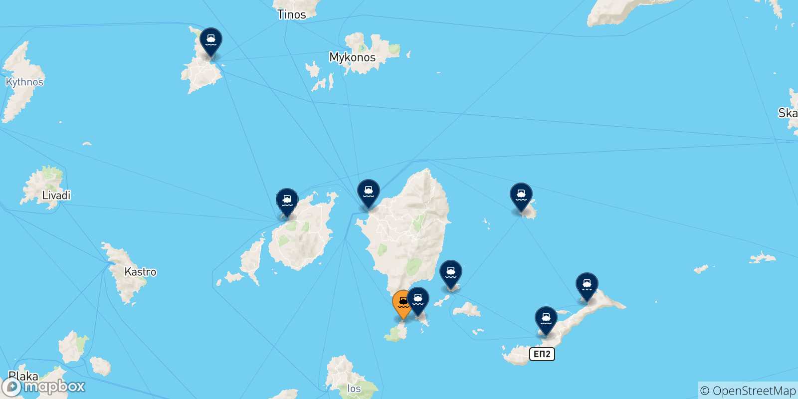 Carte des traversées possibles entre Iraklia et Îles Des Cyclades