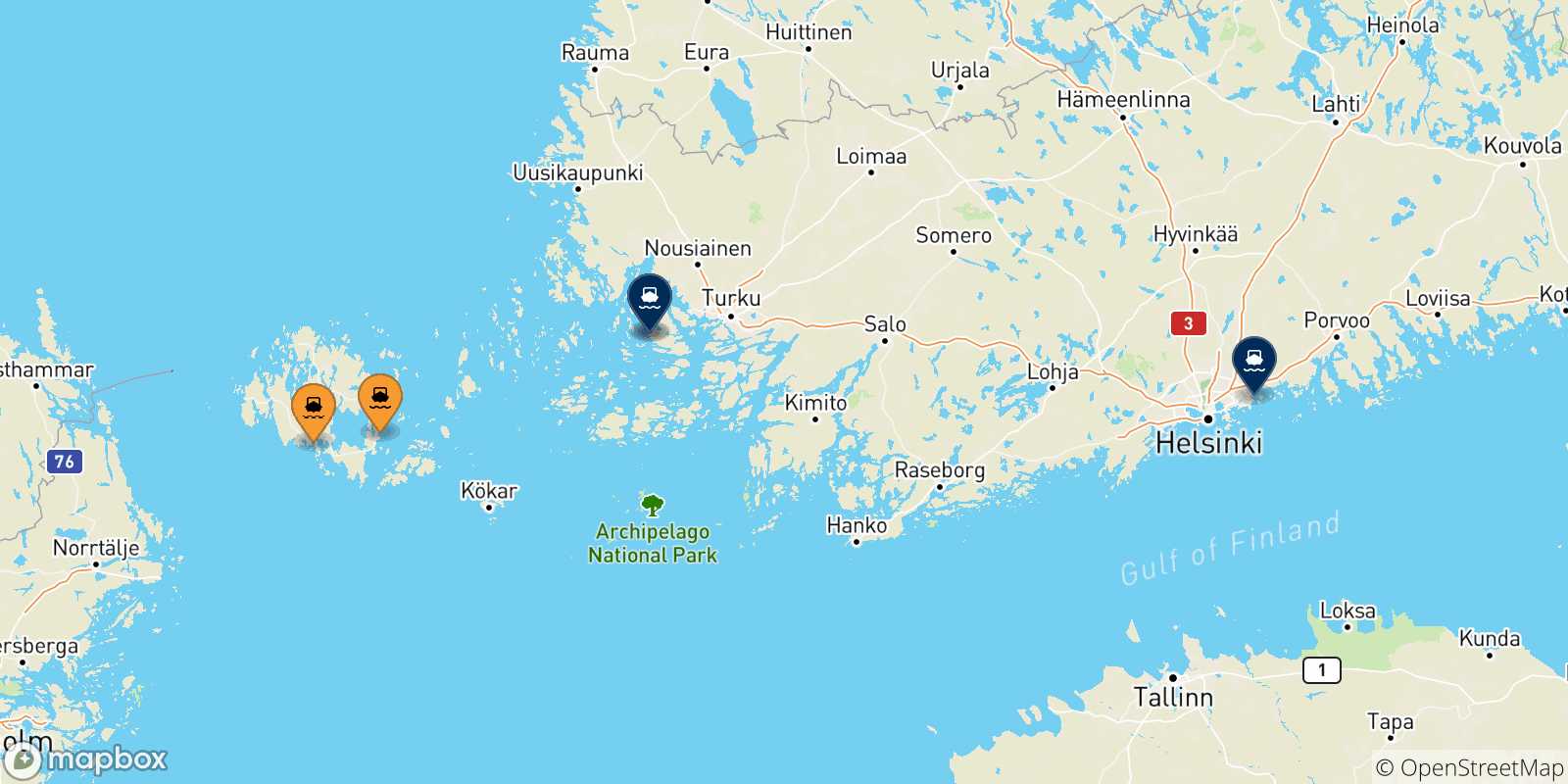 Carte des traversées possibles entre les Îles Aland et la Finlande
