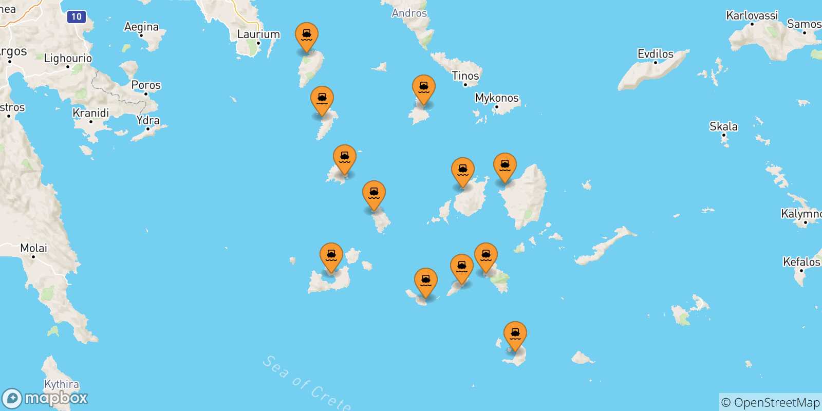 Carte des traversées possibles entre Îles Des Cyclades et Kimolos