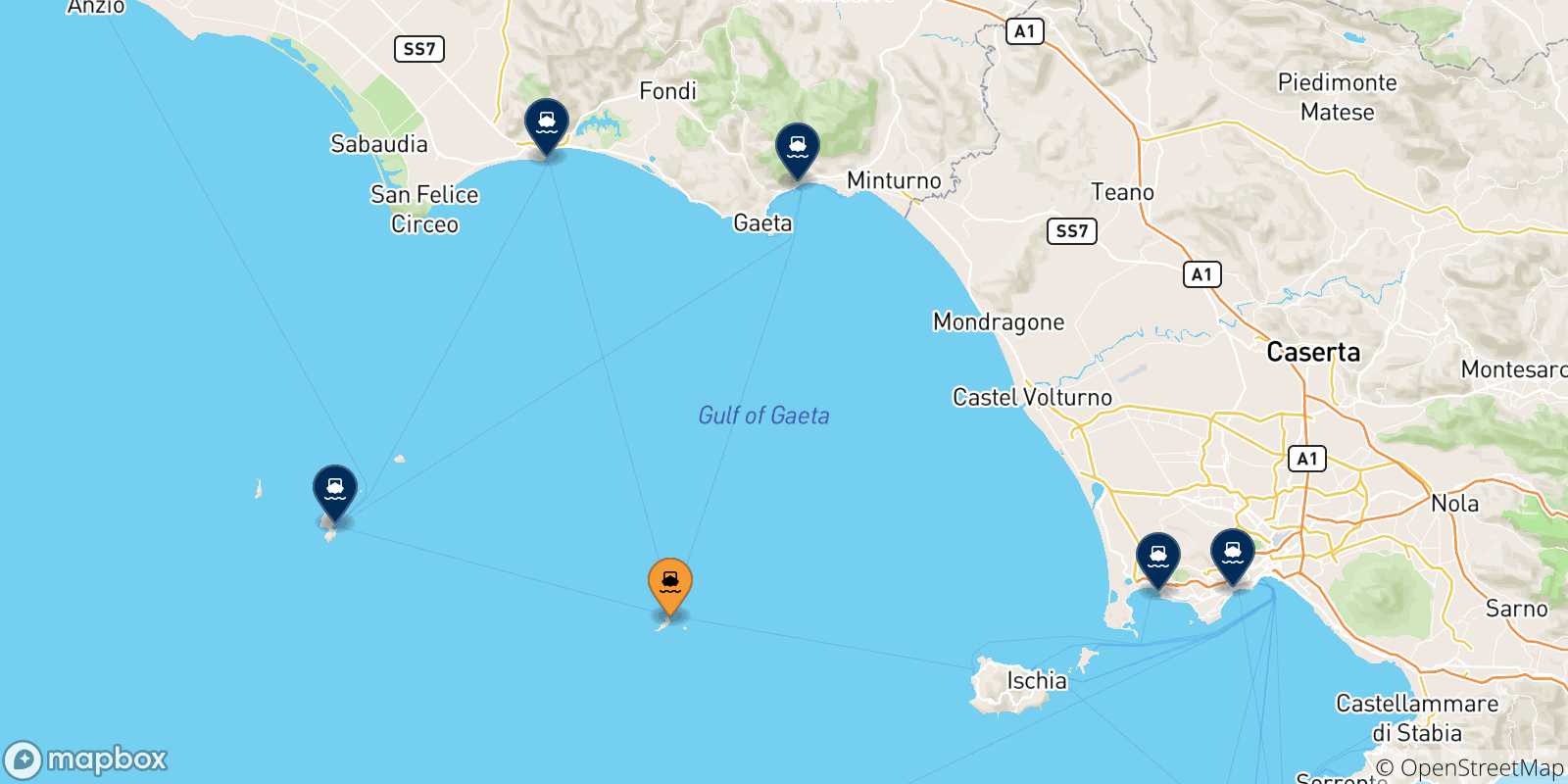 Carte des traversées possibles entre Ventotene et l'Italie