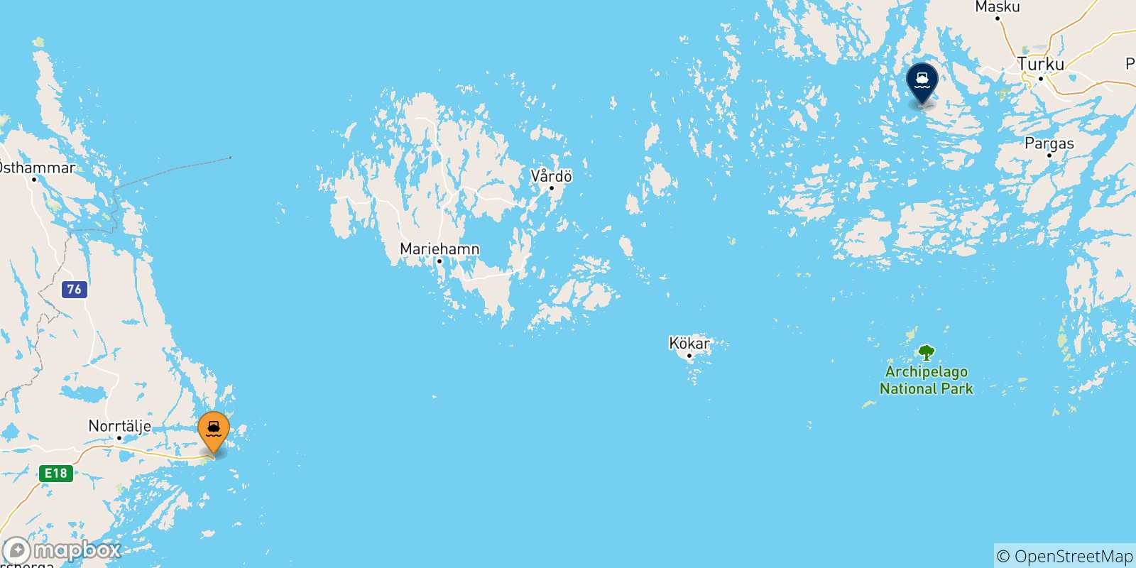 Carte des traversées possibles entre la Suède et Naantali