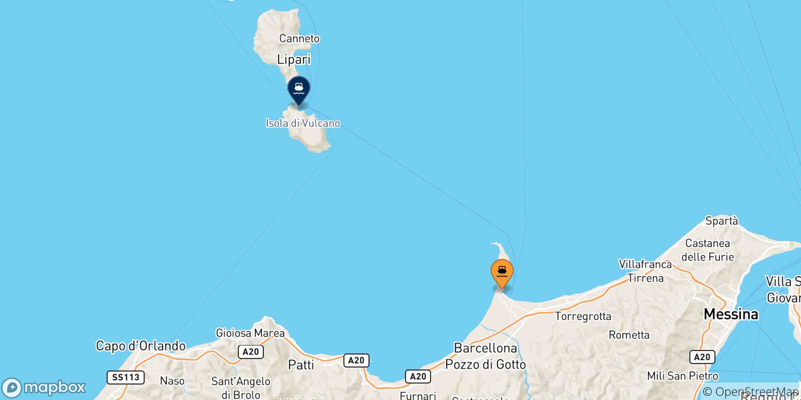 Carte des traversées possibles entre la Sicile et Vulcano