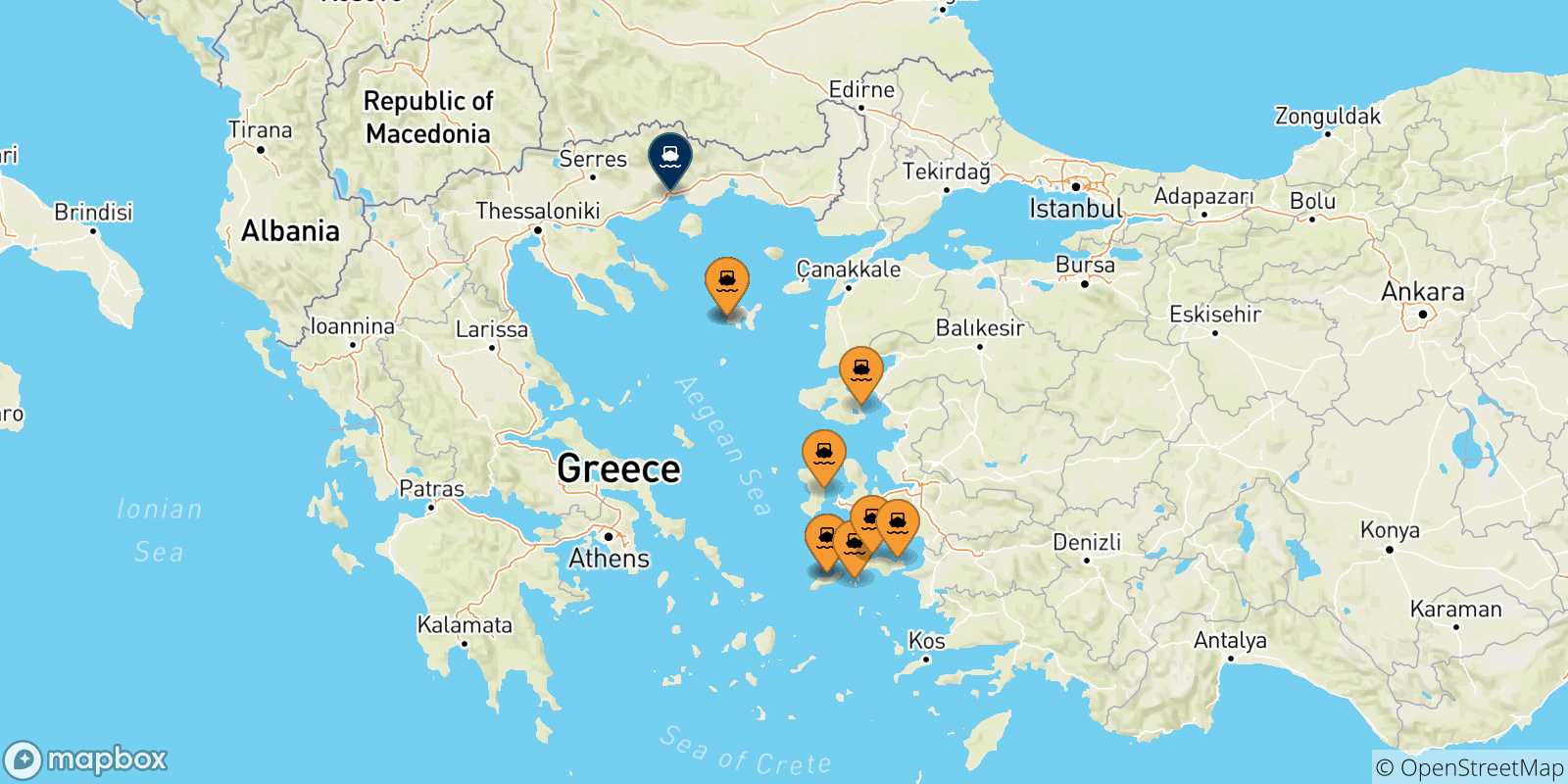 Carte des traversées possibles entre les Îles Égéennes et Kavala