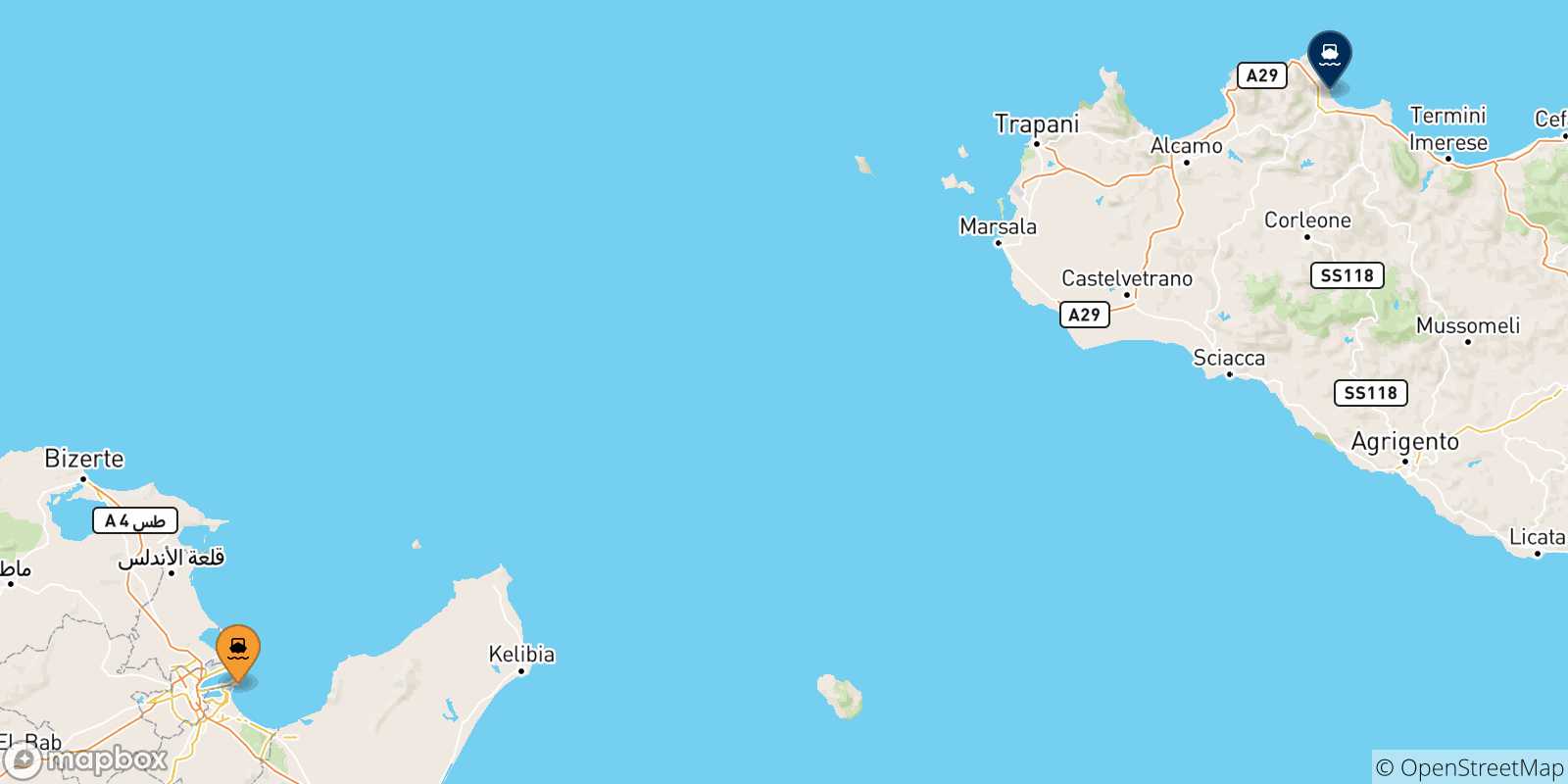 Carte des traversées possibles entre Tunis et la Sicile