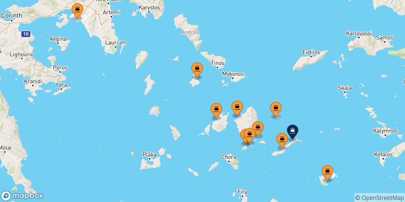 Carte des traversées possibles entre la Grèce et Aegiali (Amorgos)