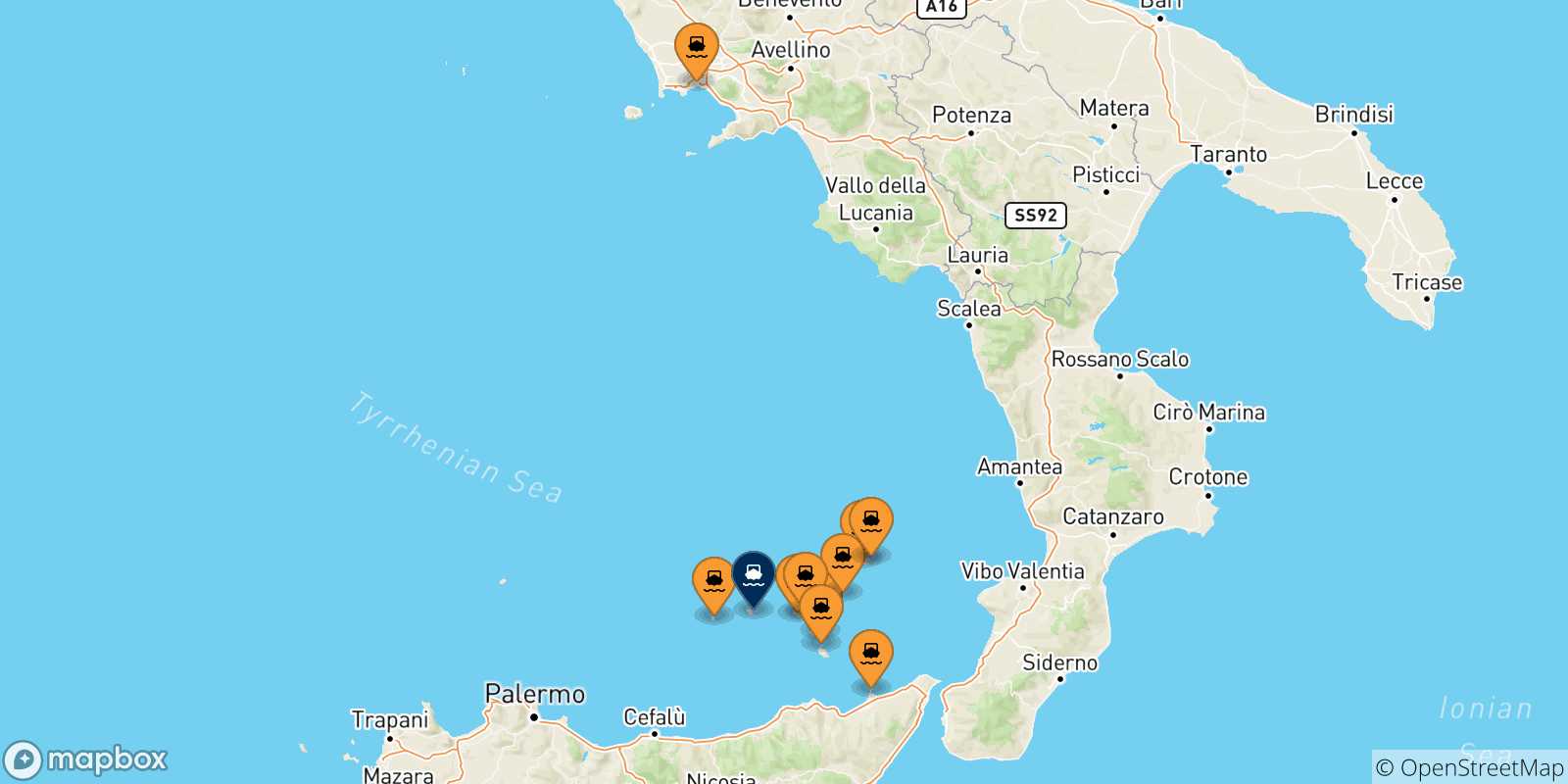 Carte des traversées possibles entre l'Italie et Filicudi
