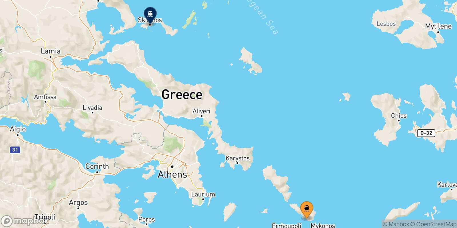 Carte des destinations de Tinos