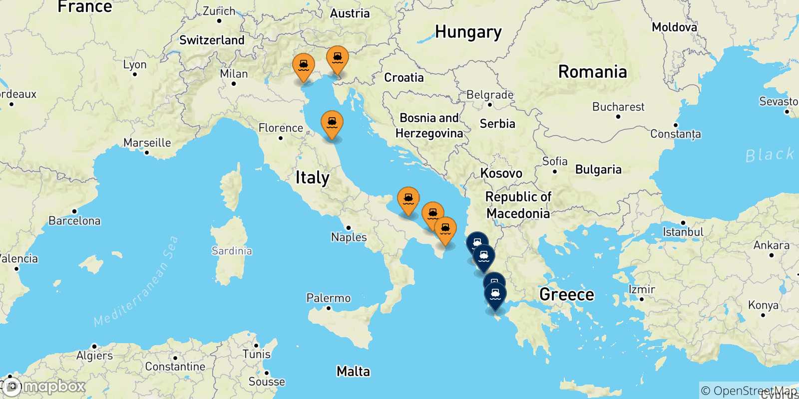 Carte des traversées possibles entre l'Italie et Îles Ioniennes
