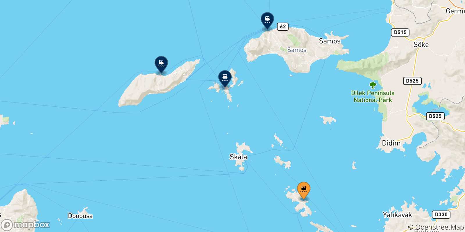Carte des traversées possibles entre Leros et les Îles Égéennes