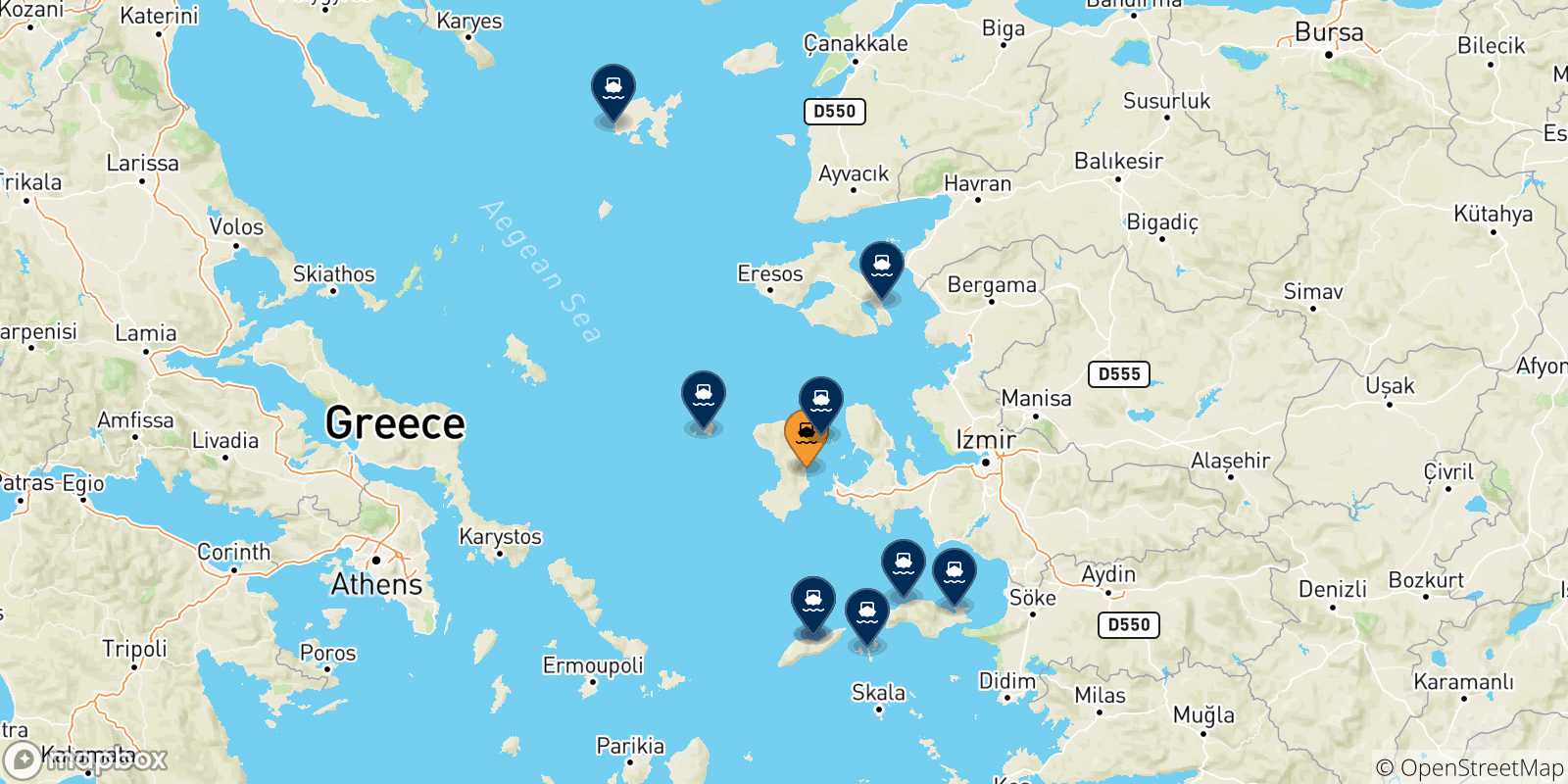 Carte des traversées possibles entre Chios et les Îles Égéennes