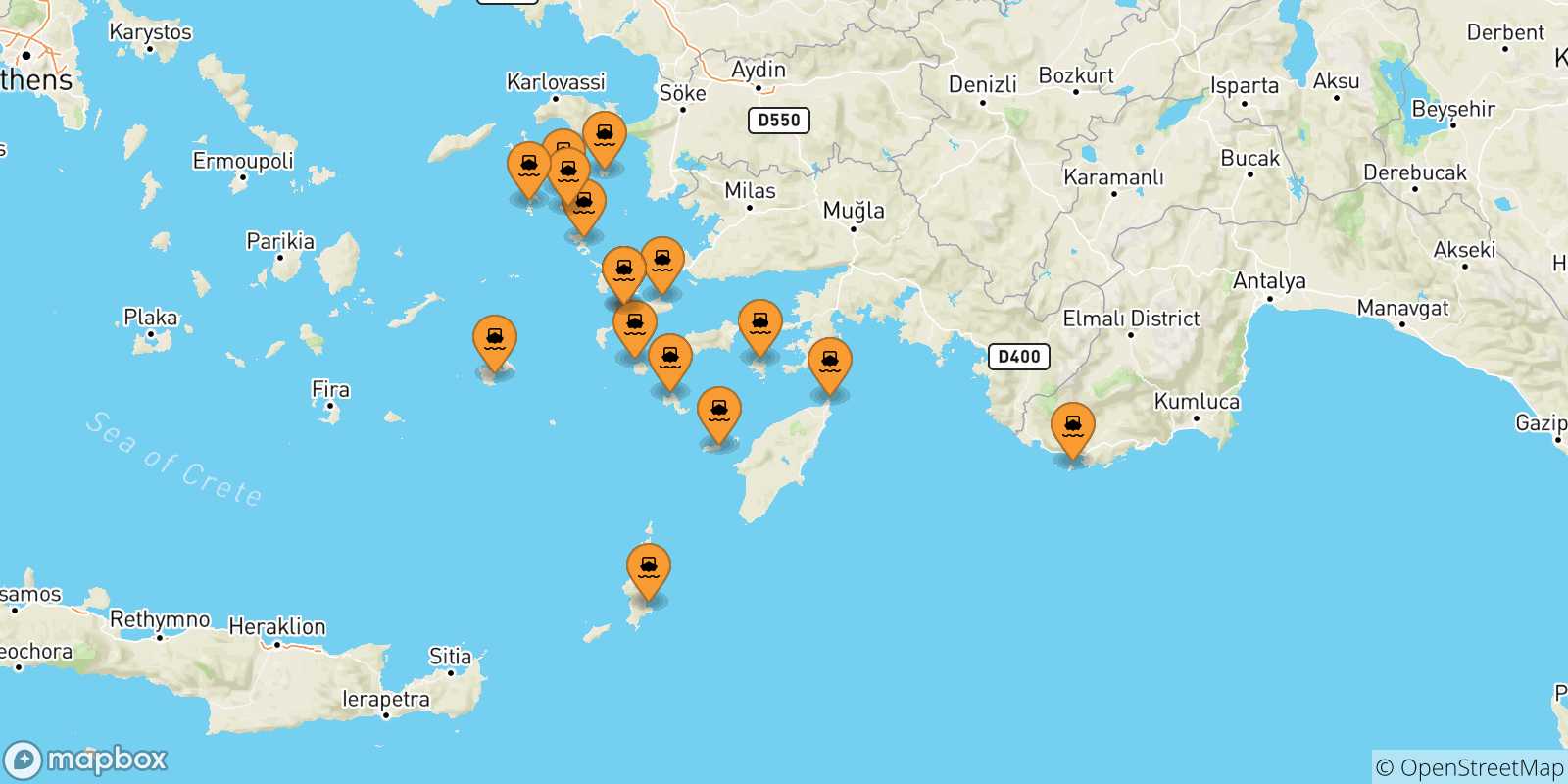 Carte des traversées possibles entre Îles Du Dodécanèse et Kalymnos