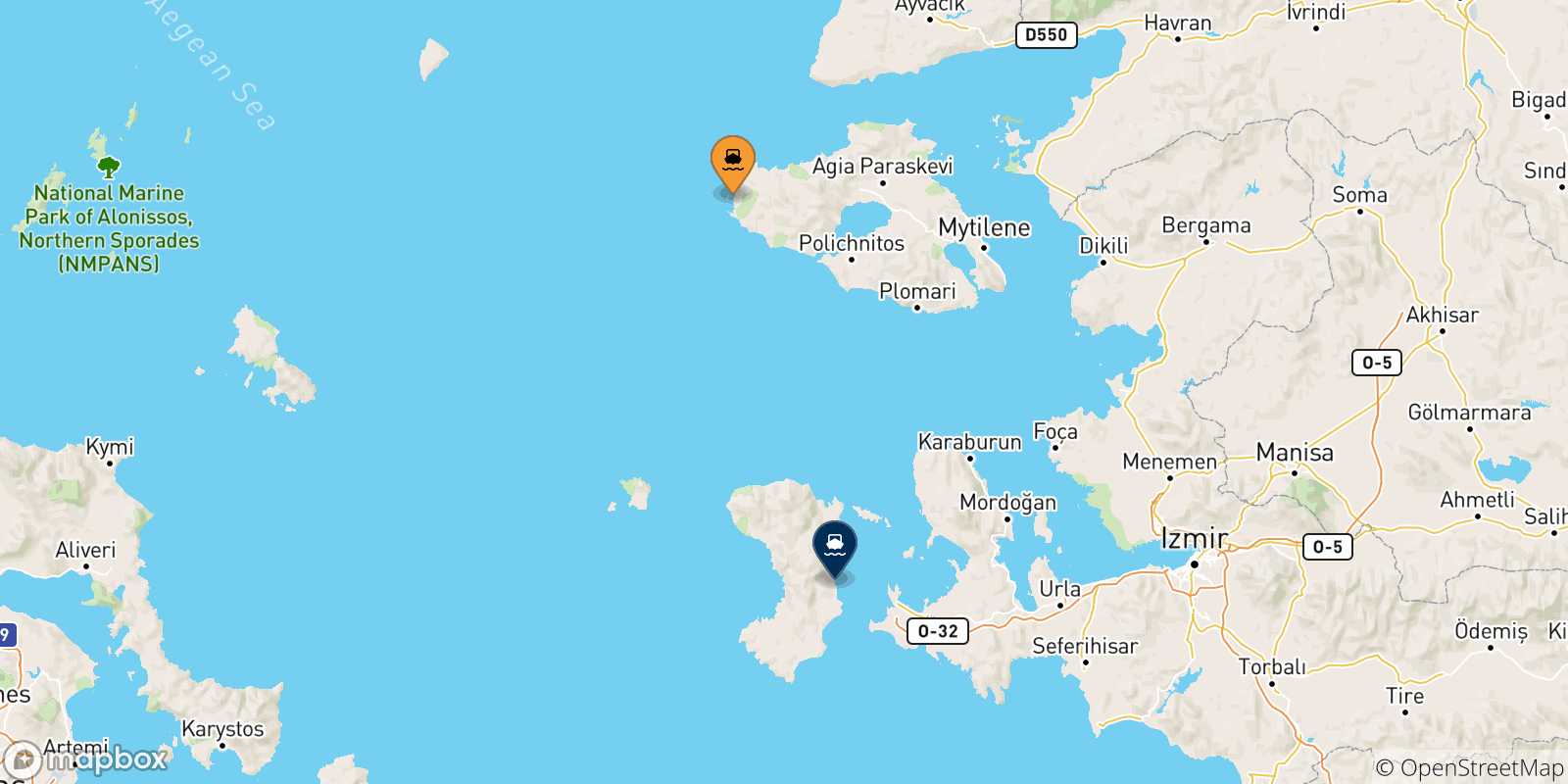 Carte des traversées possibles entre Sigri (Lesvos) et les Îles Égéennes