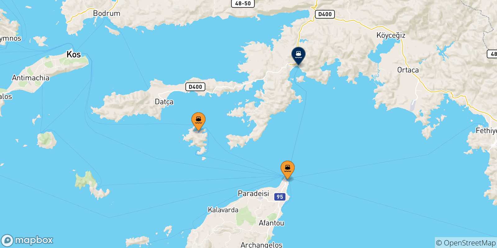 Carte des traversées possibles entre la Grèce et Marmaris